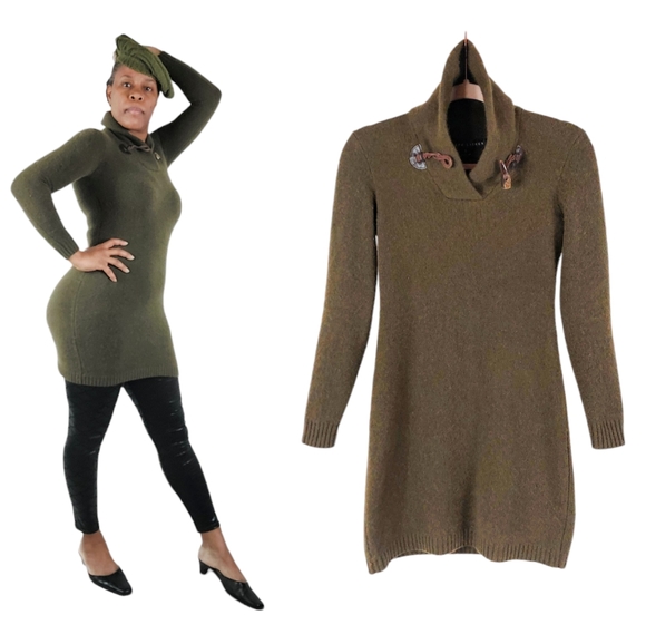 Ralph Lauren Olive Green Wool-Cashmere Knit Toggle Shawl Collar Mini Dre… - Picture 1 of 16